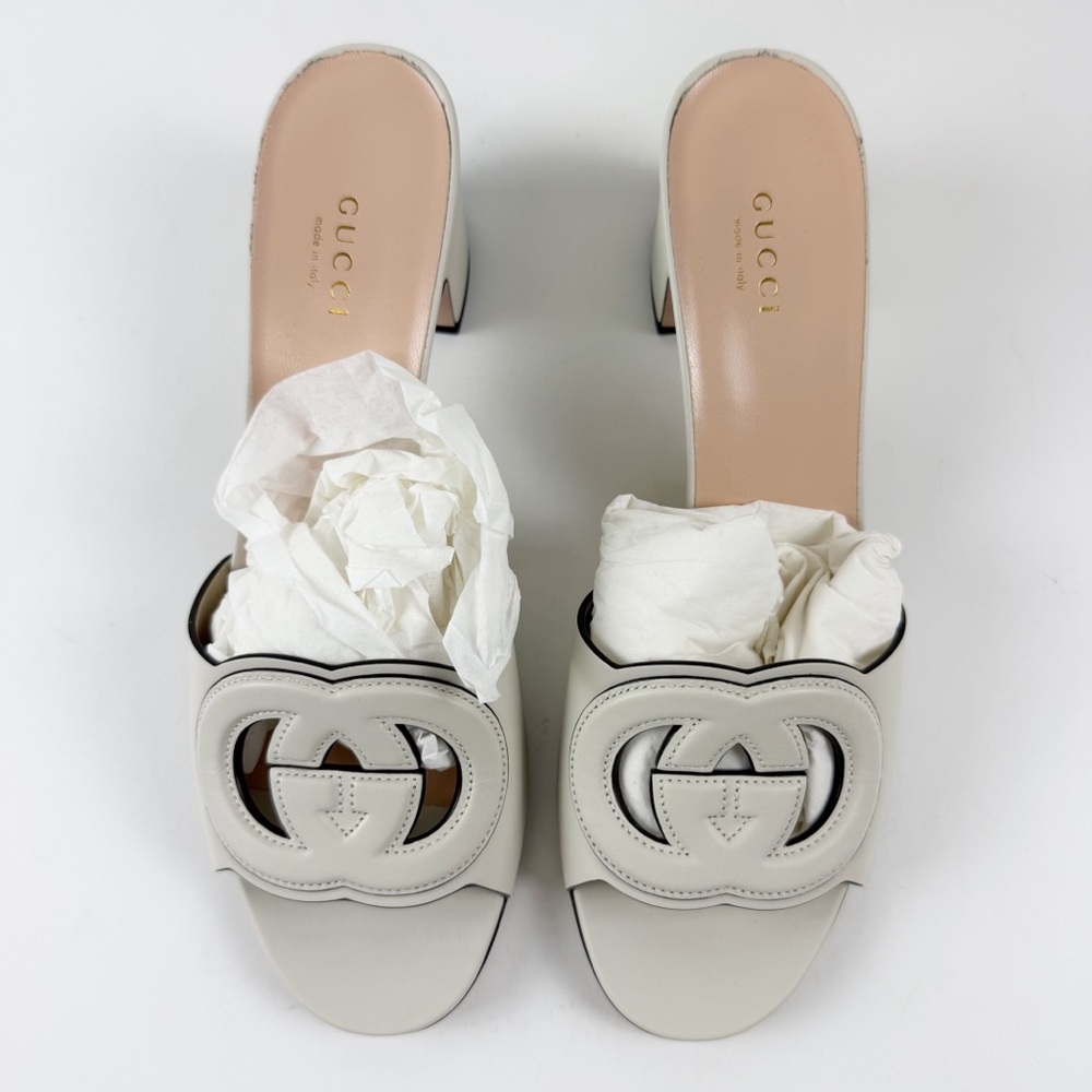 Gucci Sierra GG Slide Sandals Womens 39.5 US 9.5 Mystic White Heels Leather NEW - Picture 2 of 16